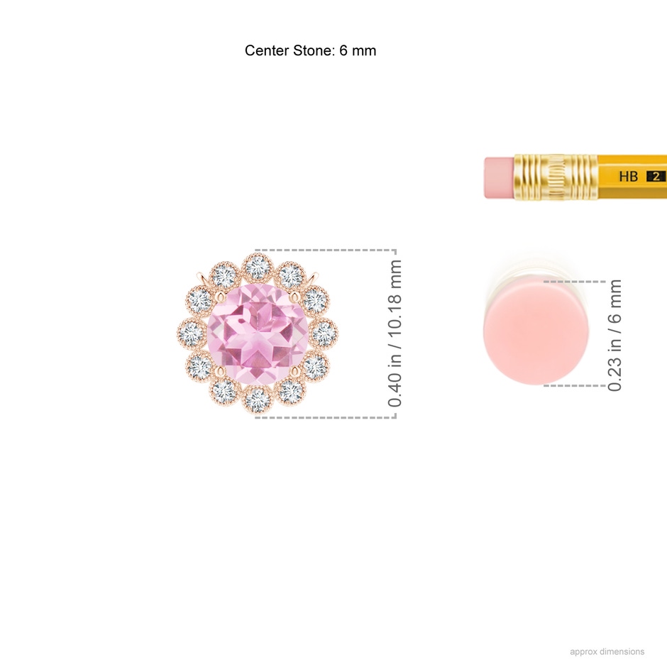 6mm A Pink Tourmaline Pendant with Bezel-Set Diamond Halo in Rose Gold ruler
