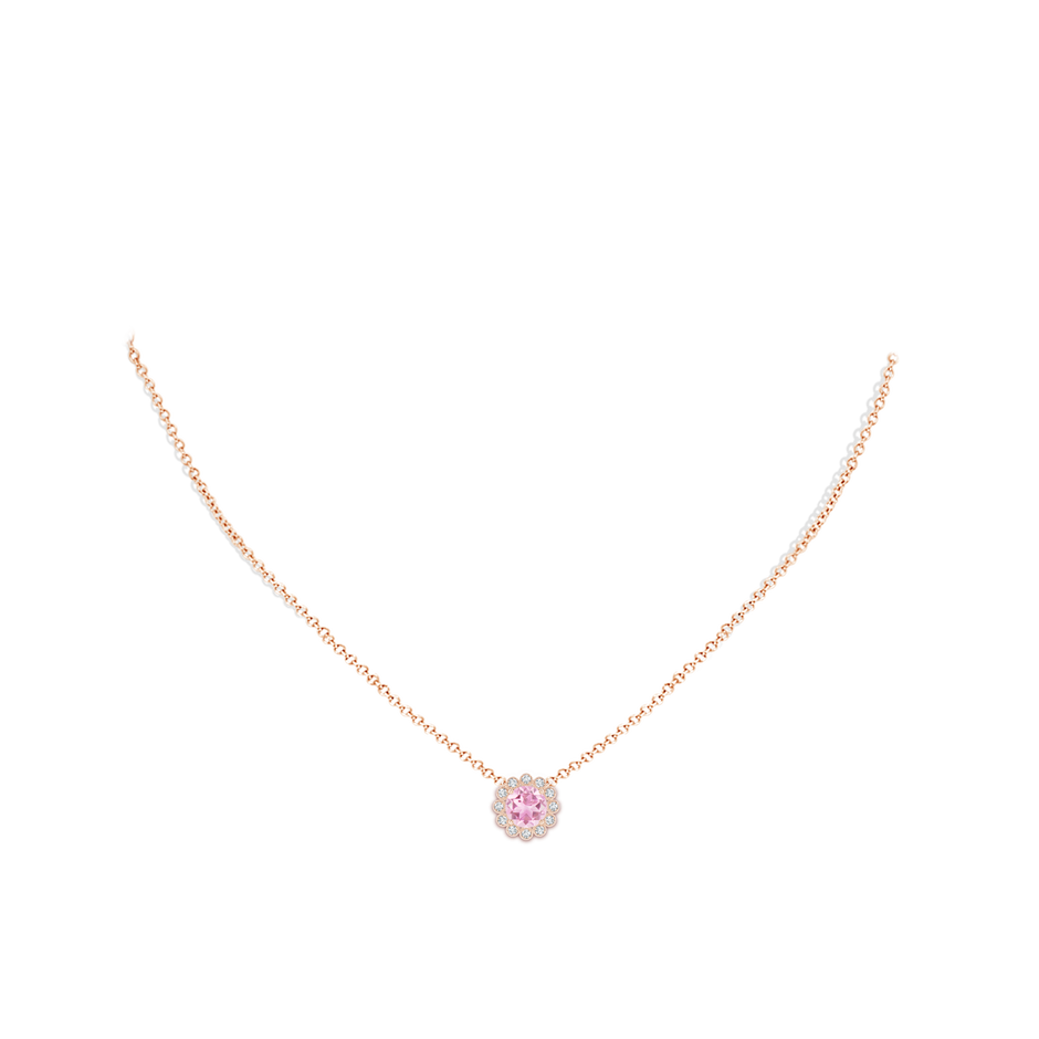 6mm A Pink Tourmaline Pendant with Bezel-Set Diamond Halo in Rose Gold body-neck
