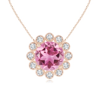 6mm AAA Pink Tourmaline Pendant with Bezel-Set Diamond Halo in Rose Gold