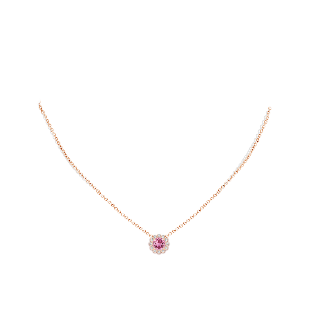 6mm AAA Pink Tourmaline Pendant with Bezel-Set Diamond Halo in Rose Gold Body-Neck