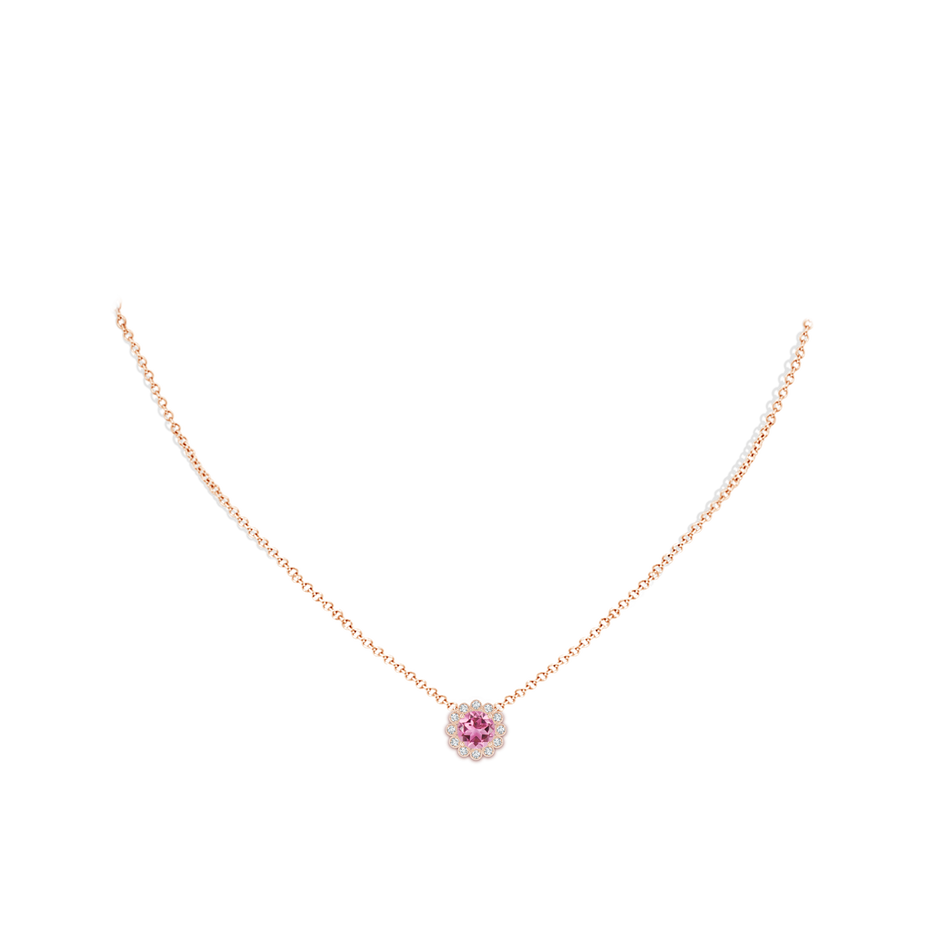 6mm AAA Pink Tourmaline Pendant with Bezel-Set Diamond Halo in Rose Gold body-neck