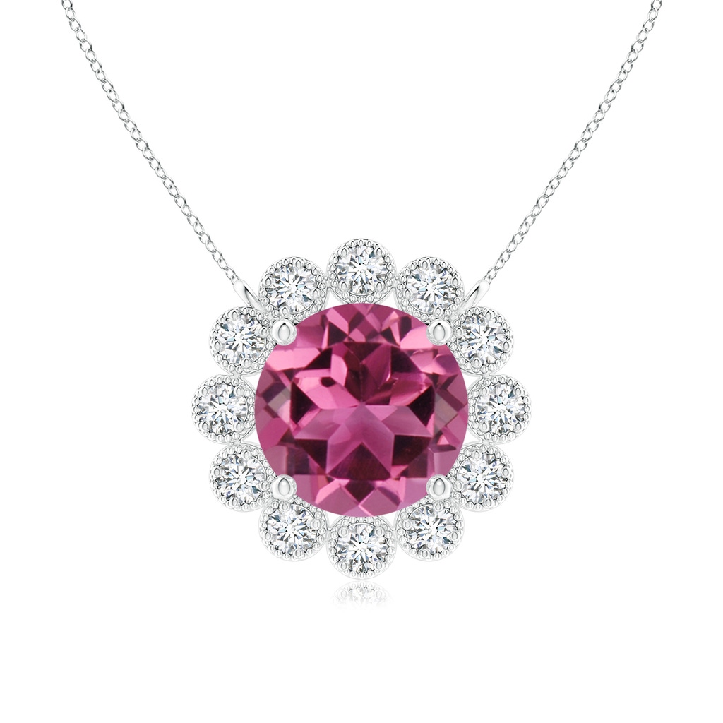 6mm AAAA Pink Tourmaline Pendant with Bezel-Set Diamond Halo in P950 Platinum