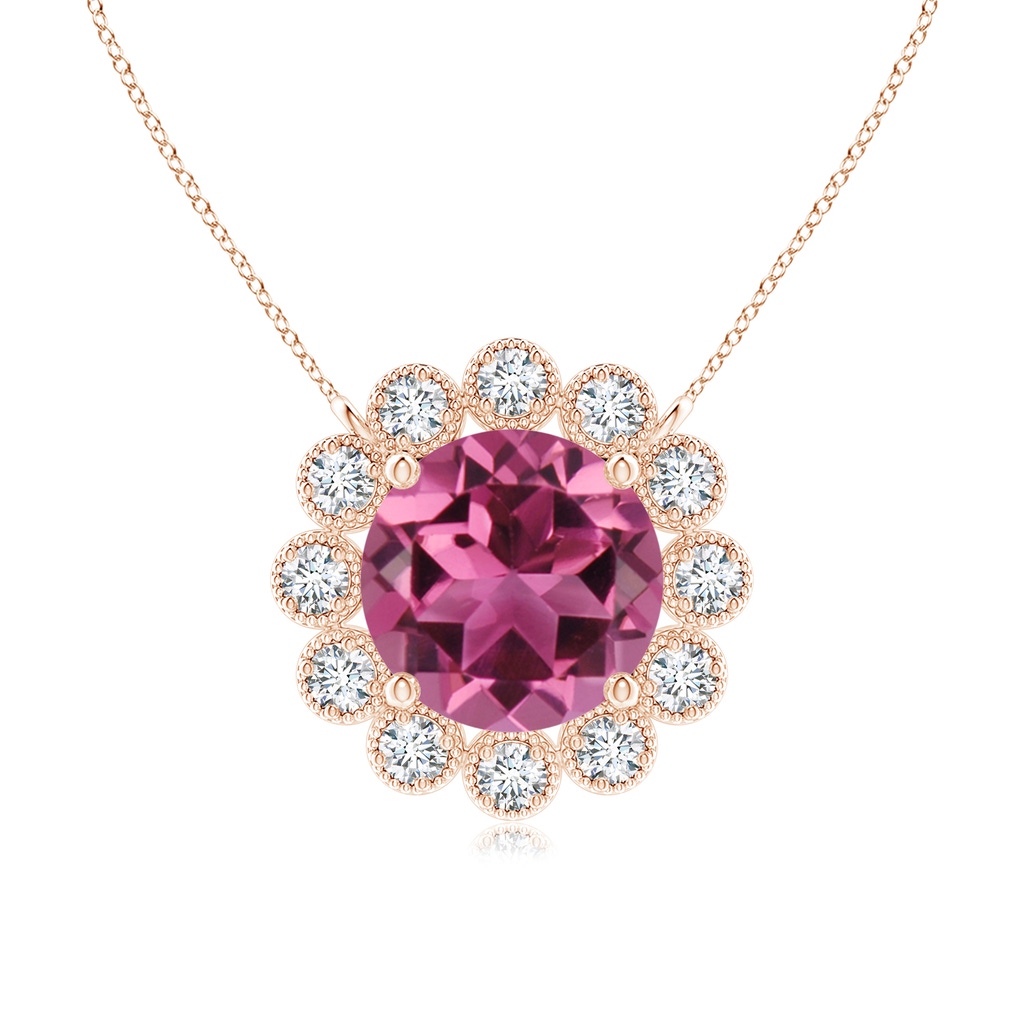 6mm AAAA Pink Tourmaline Pendant with Bezel-Set Diamond Halo in Rose Gold