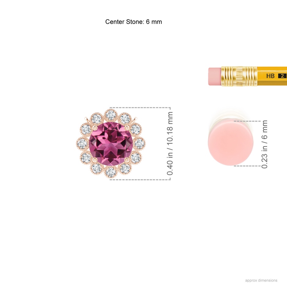 6mm AAAA Pink Tourmaline Pendant with Bezel-Set Diamond Halo in Rose Gold ruler