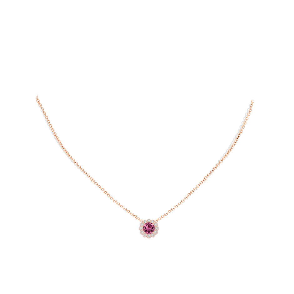 6mm AAAA Pink Tourmaline Pendant with Bezel-Set Diamond Halo in Rose Gold body-neck
