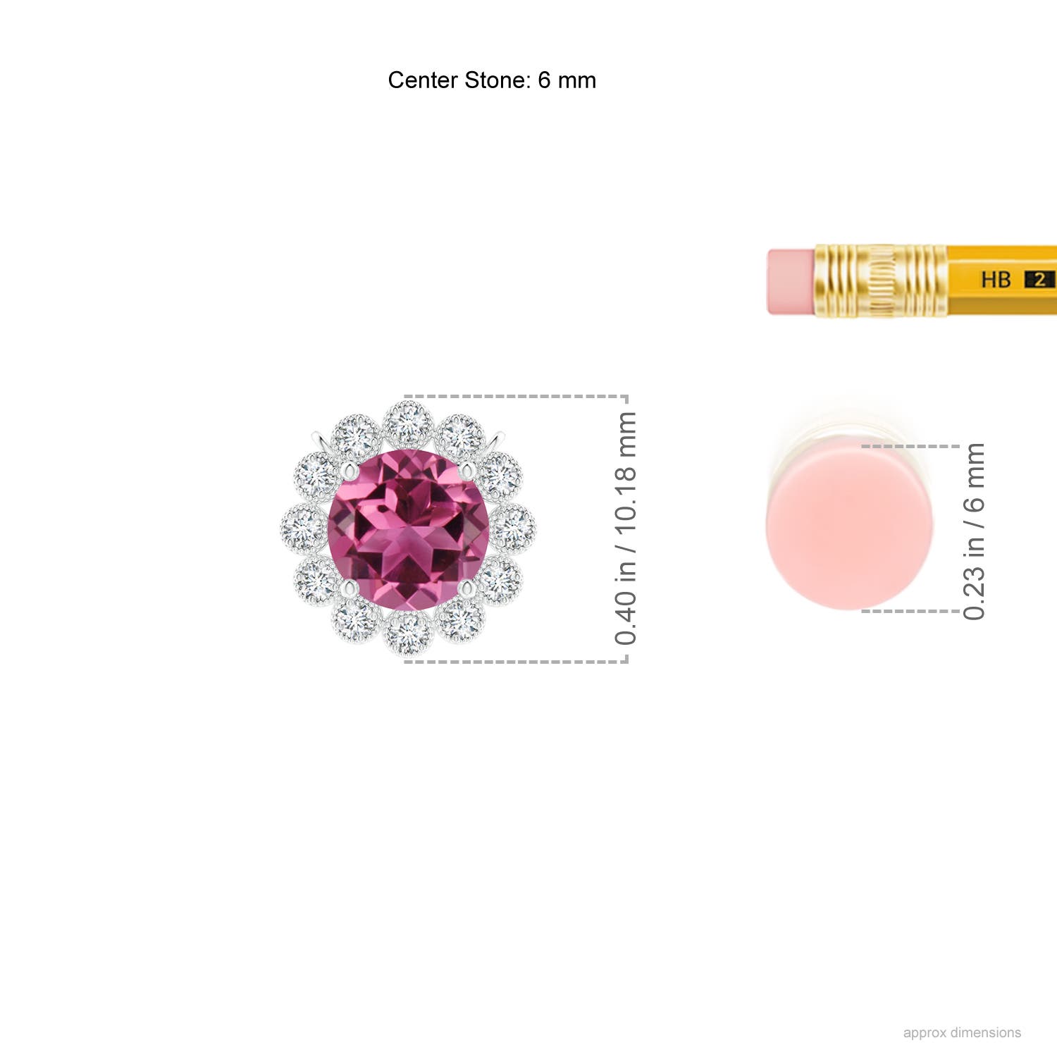 6mm AAAA Pink Tourmaline Pendant with Bezel-Set Diamond Halo in White Gold - ruler