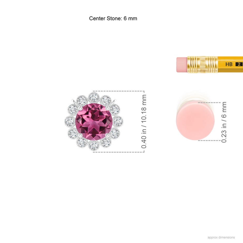 6mm AAAA Pink Tourmaline Pendant with Bezel-Set Diamond Halo in White Gold ruler