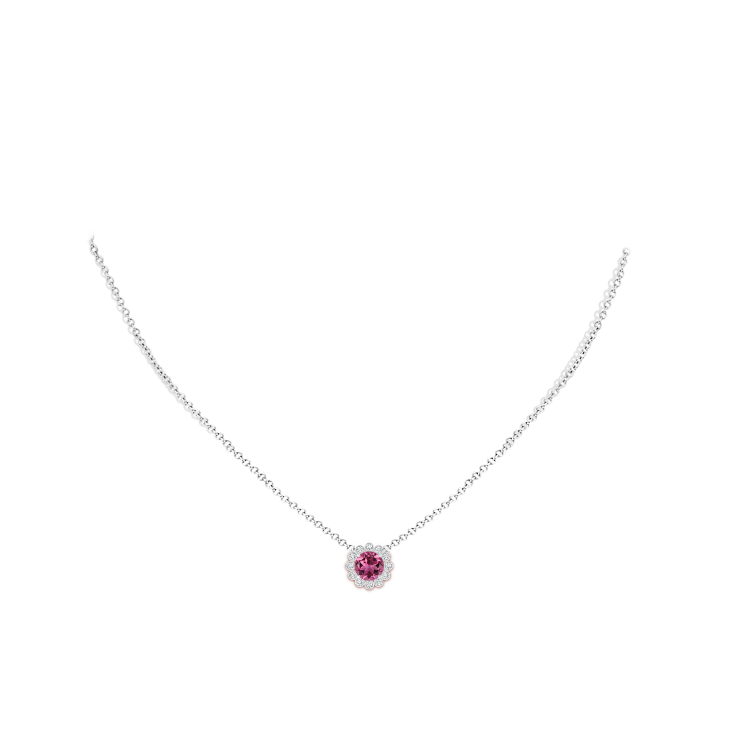 6mm AAAA Pink Tourmaline Pendant with Bezel-Set Diamond Halo in White Gold - body_neck