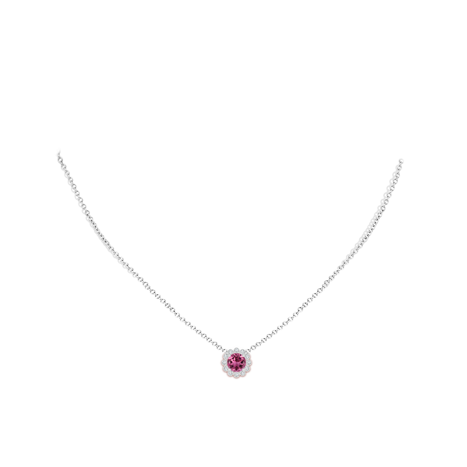 6mm AAAA Pink Tourmaline Pendant with Bezel-Set Diamond Halo in White Gold body-neck