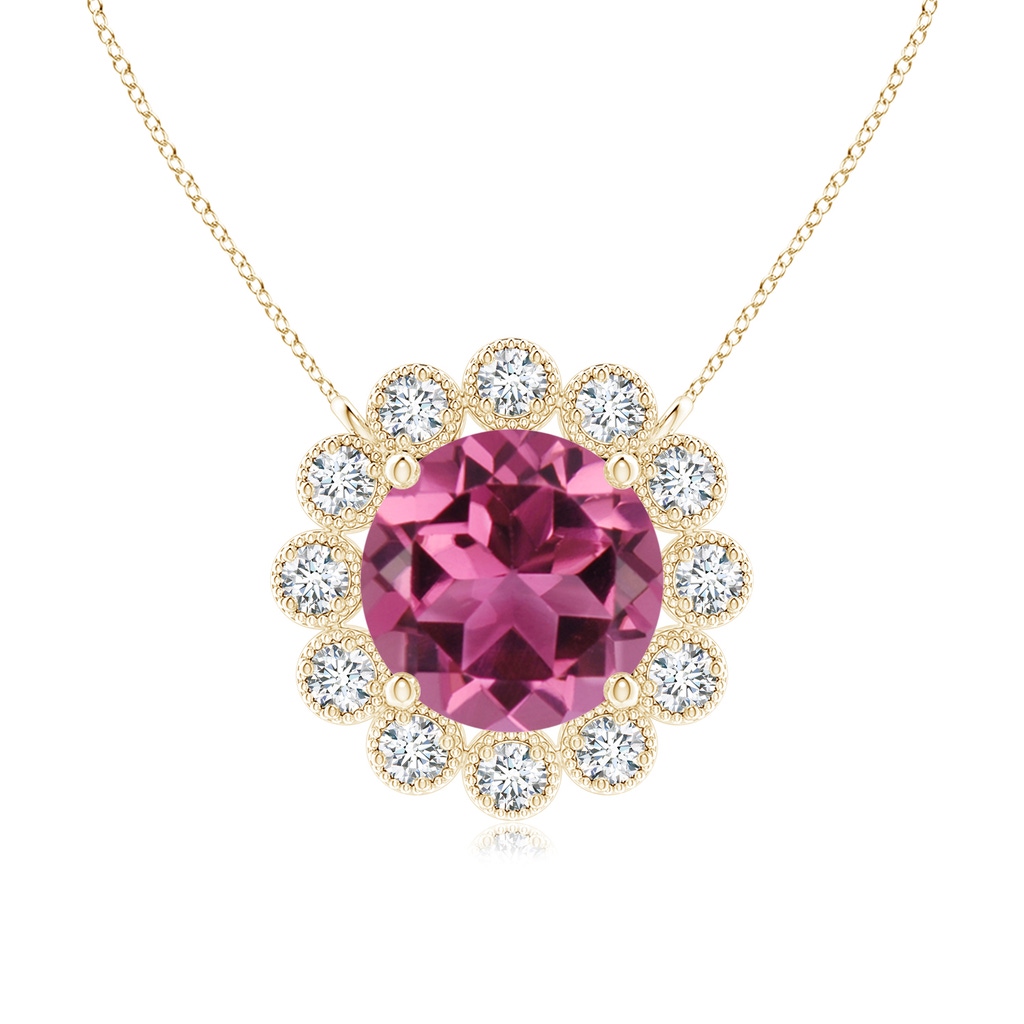 6mm AAAA Pink Tourmaline Pendant with Bezel-Set Diamond Halo in Yellow Gold