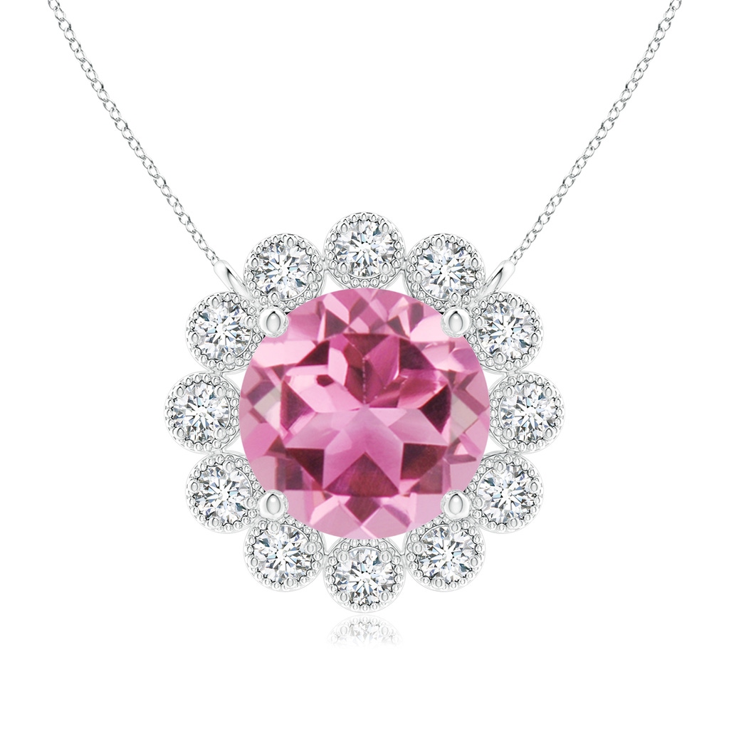 7mm AAA Pink Tourmaline Pendant with Bezel-Set Diamond Halo in White Gold