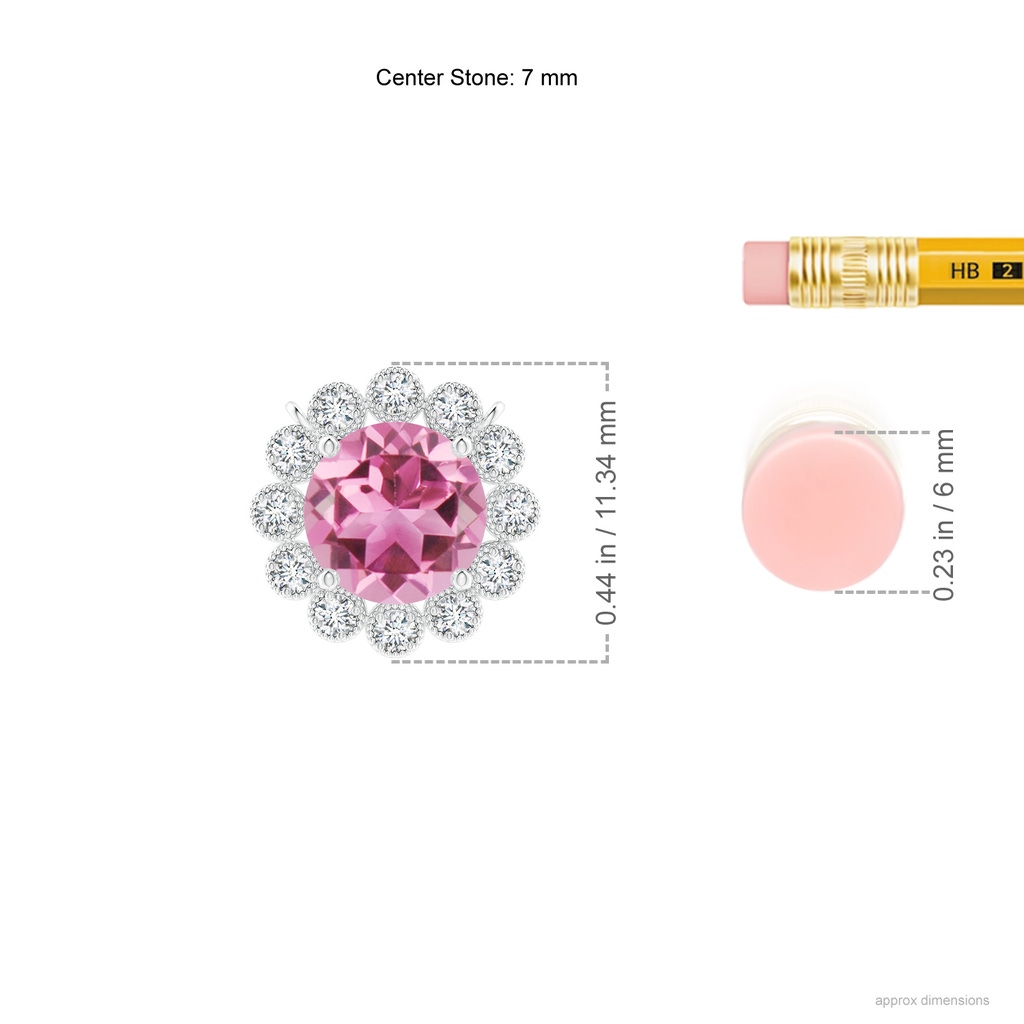 7mm AAA Pink Tourmaline Pendant with Bezel-Set Diamond Halo in White Gold Ruler