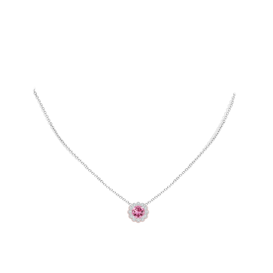 7mm AAA Pink Tourmaline Pendant with Bezel-Set Diamond Halo in White Gold body-neck