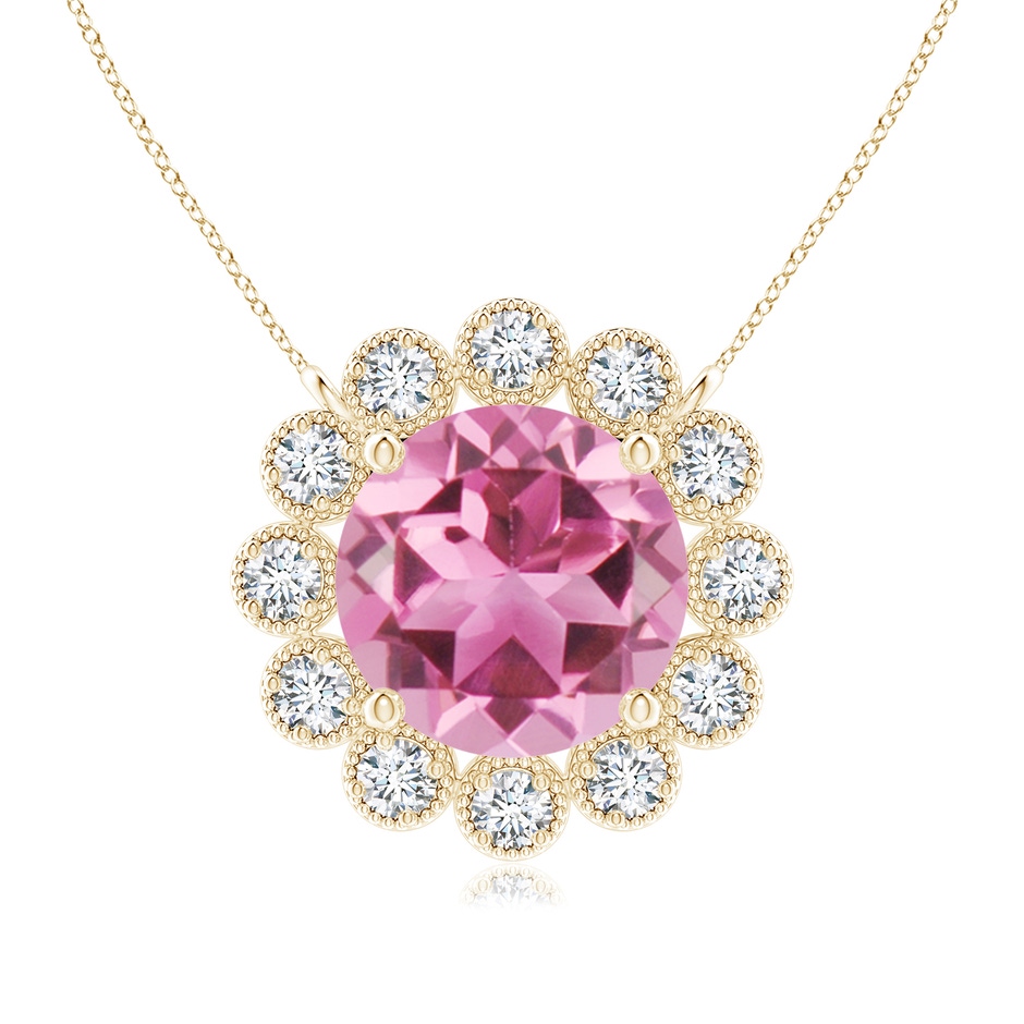 7mm AAA Pink Tourmaline Pendant with Bezel-Set Diamond Halo in Yellow Gold 