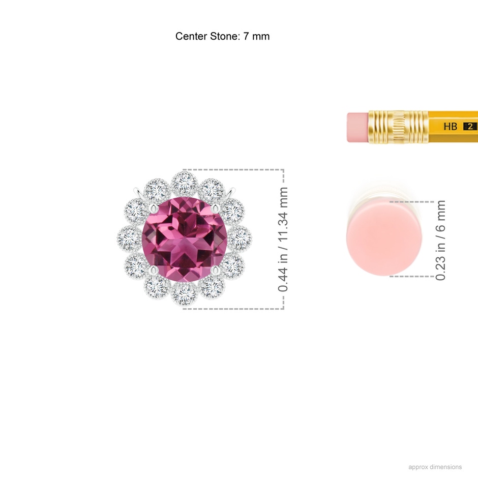 7mm AAAA Pink Tourmaline Pendant with Bezel-Set Diamond Halo in White Gold ruler