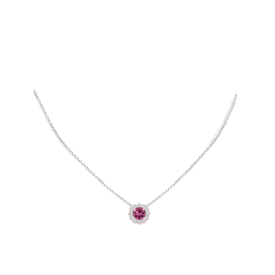 7mm AAAA Pink Tourmaline Pendant with Bezel-Set Diamond Halo in White Gold body-neck