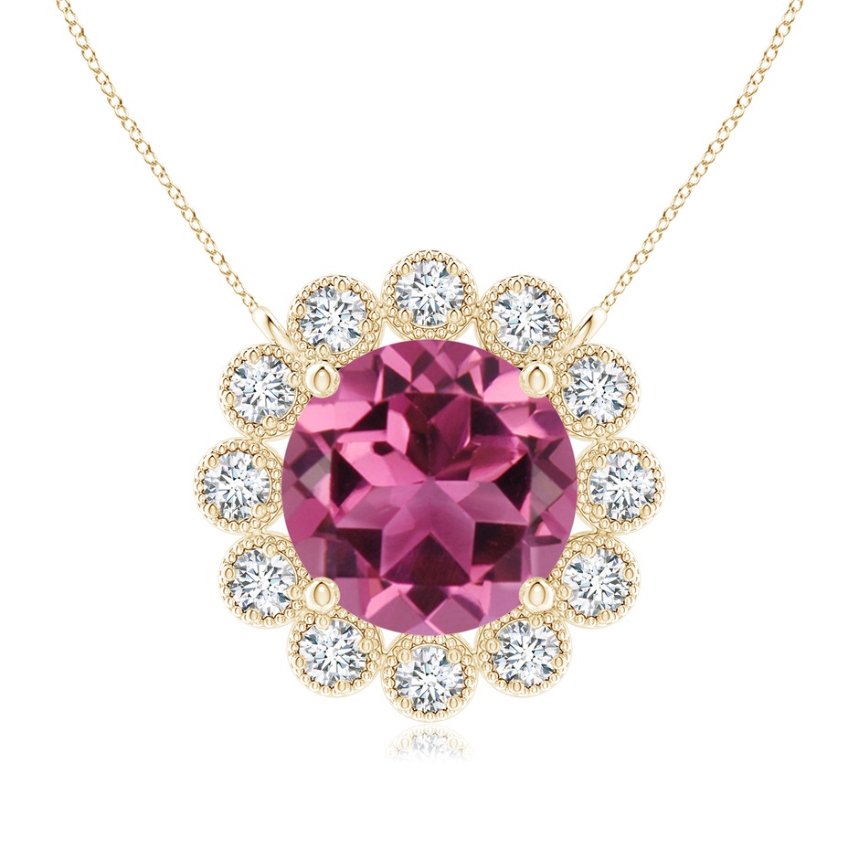 7mm AAAA Pink Tourmaline Pendant with Bezel-Set Diamond Halo in Yellow Gold 