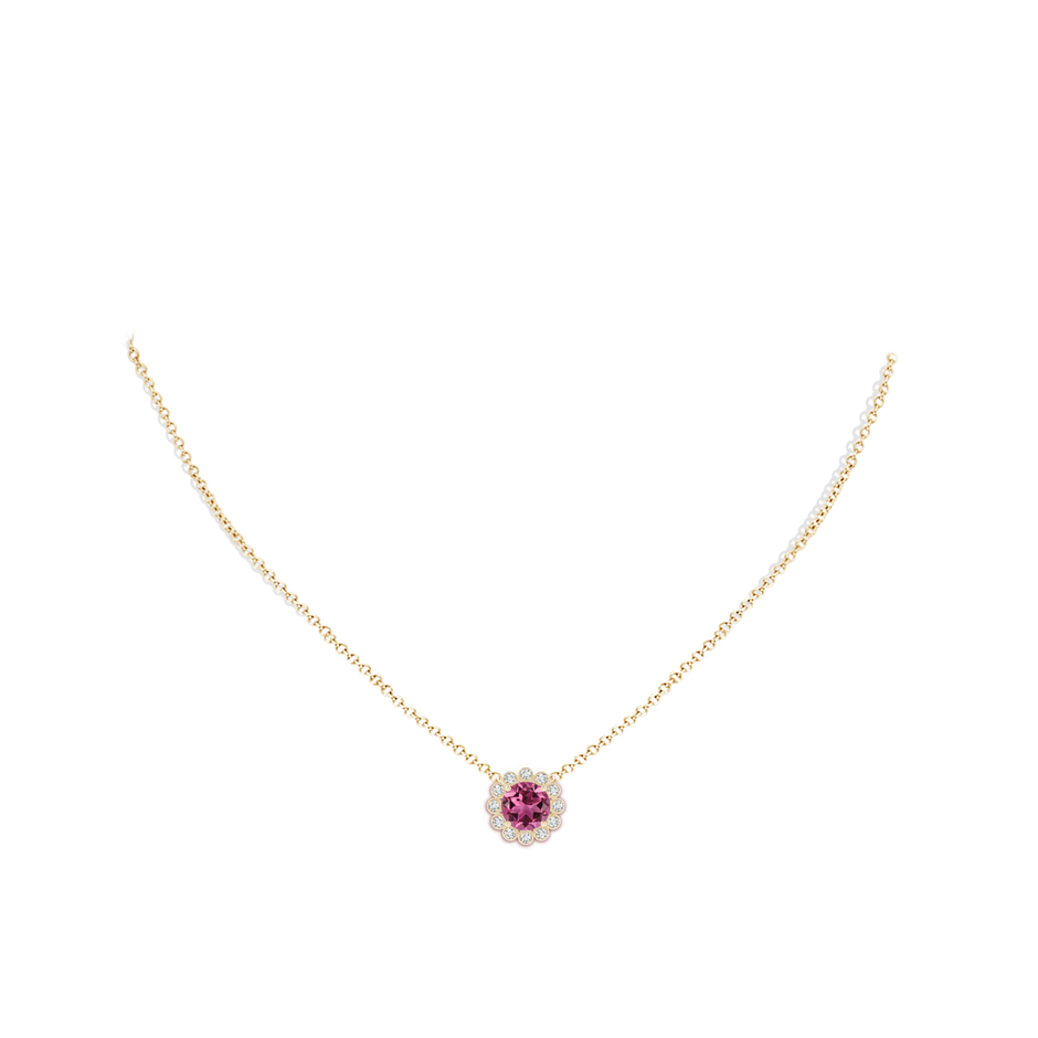 7mm AAAA Pink Tourmaline Pendant with Bezel-Set Diamond Halo in Yellow Gold body-neck