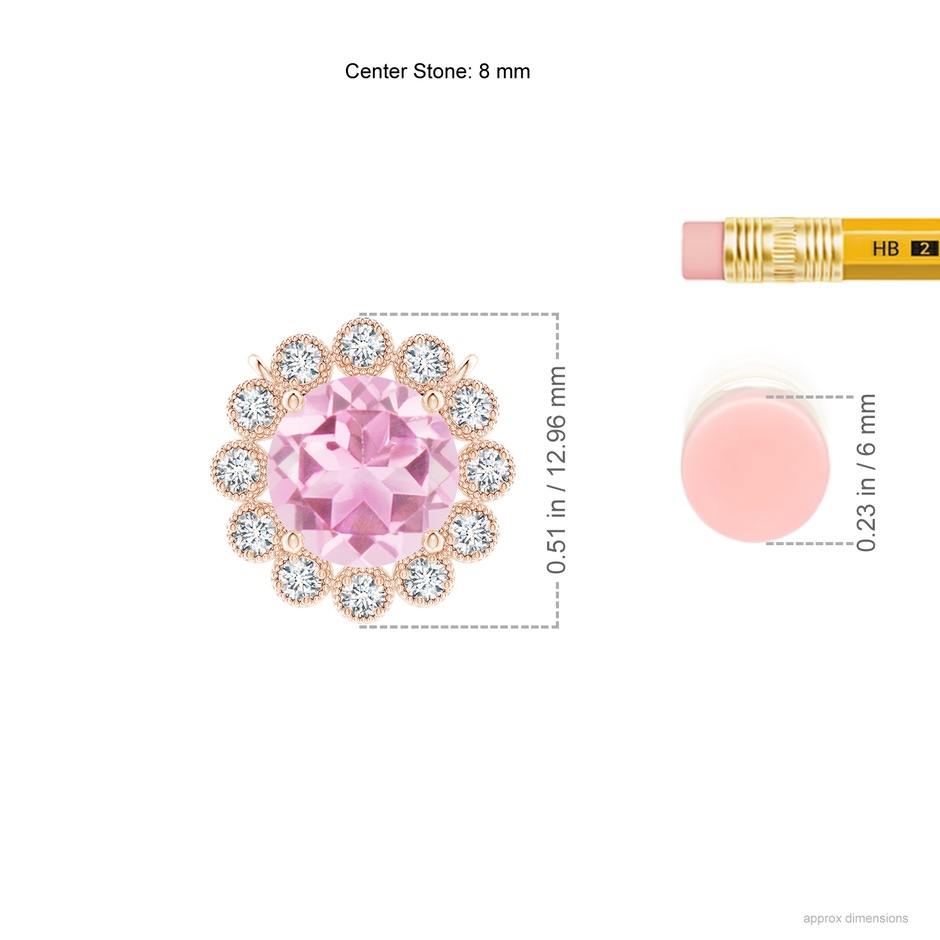 8mm A Pink Tourmaline Pendant with Bezel-Set Diamond Halo in Rose Gold ruler