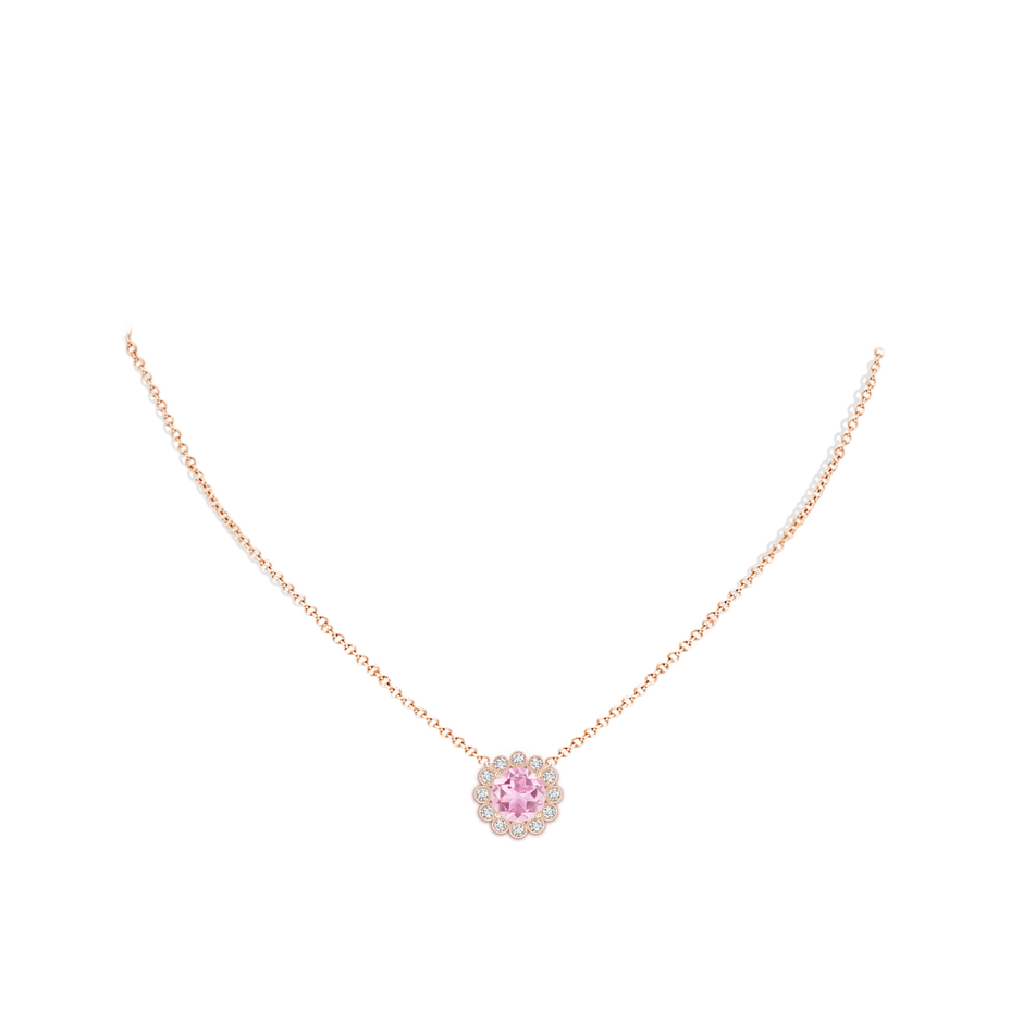 8mm A Pink Tourmaline Pendant with Bezel-Set Diamond Halo in Rose Gold body-neck