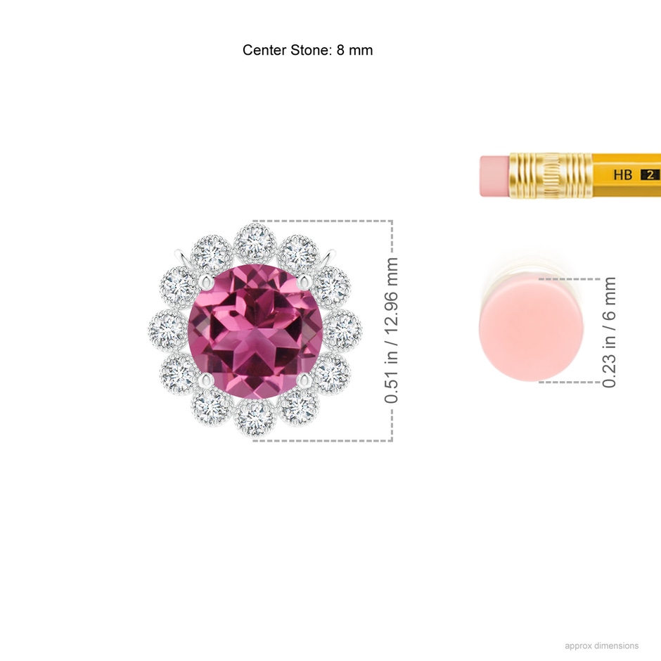 8mm AAAA Pink Tourmaline Pendant with Bezel-Set Diamond Halo in P950 Platinum ruler