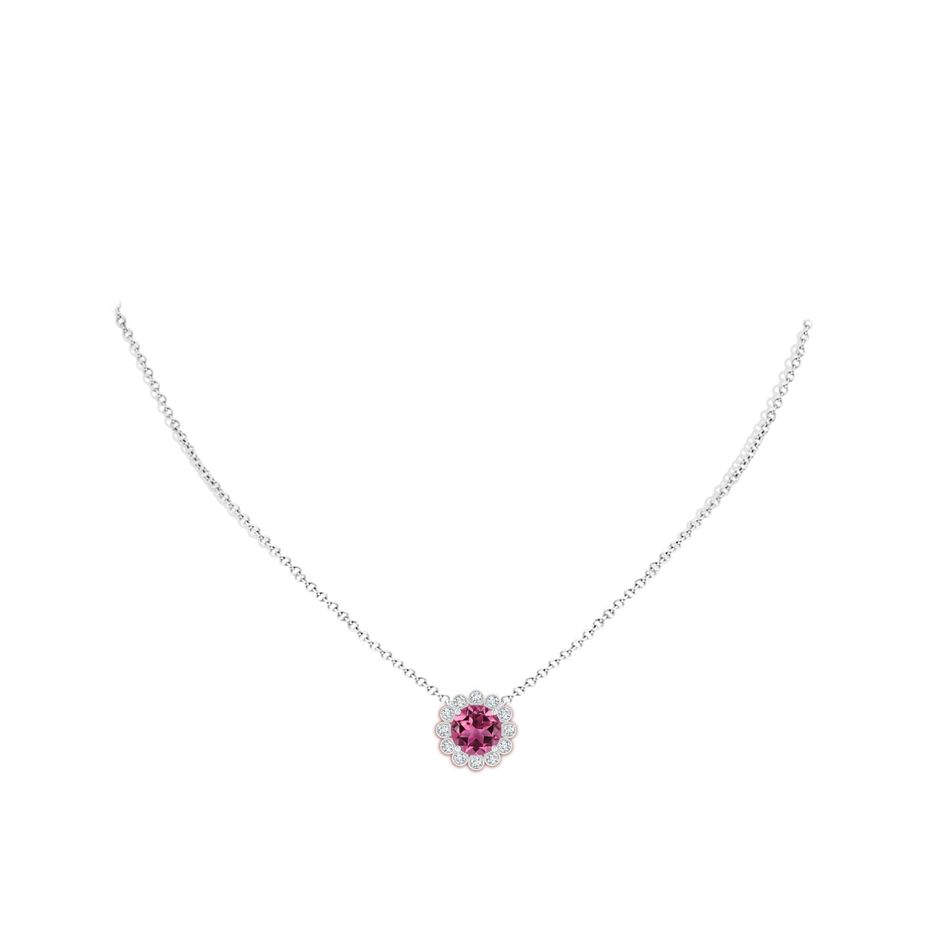 8mm AAAA Pink Tourmaline Pendant with Bezel-Set Diamond Halo in P950 Platinum body-neck