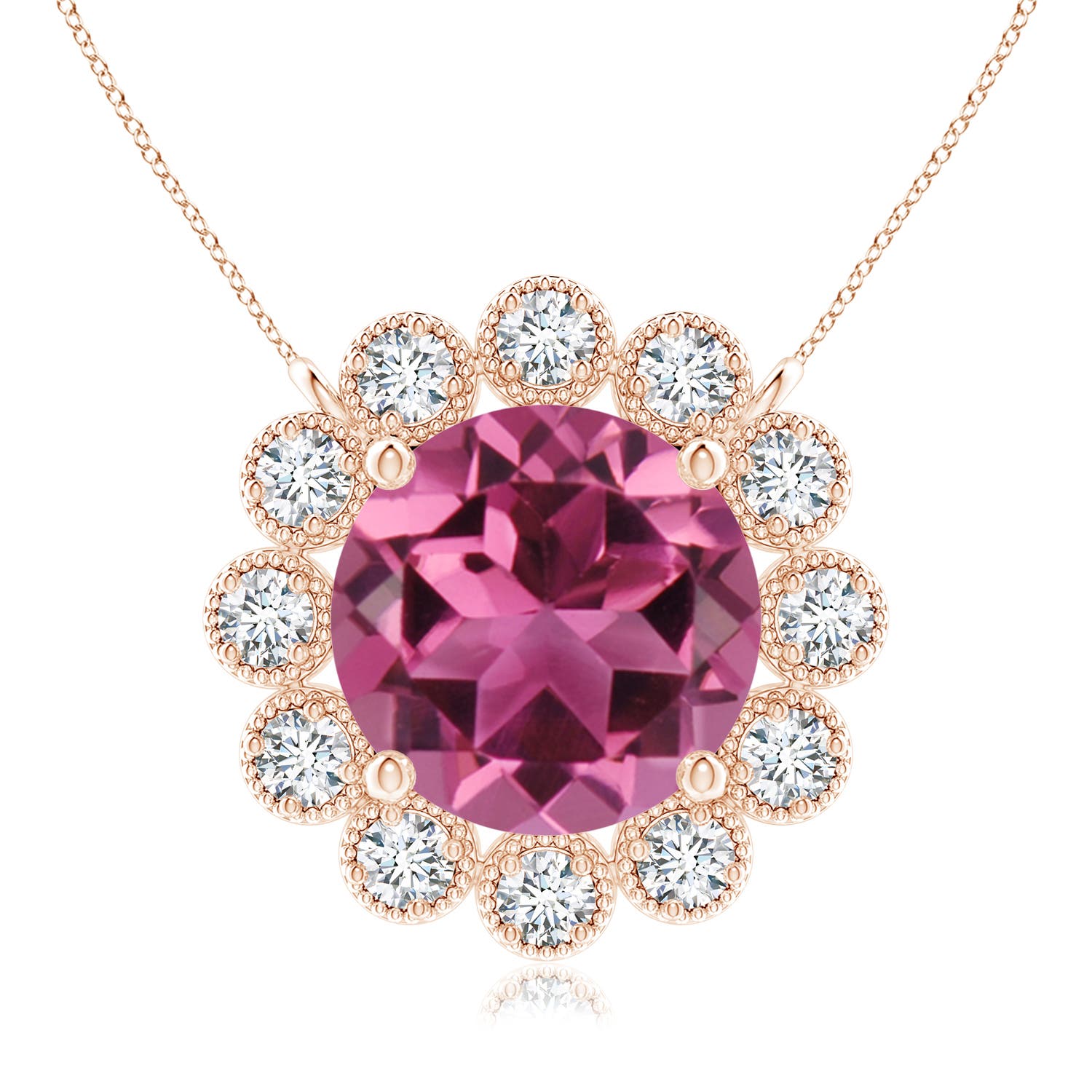 8mm AAAA Pink Tourmaline Pendant with Bezel-Set Diamond Halo in Rose Gold