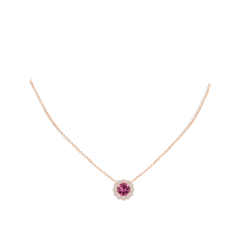 8mm AAAA Pink Tourmaline Pendant with Bezel-Set Diamond Halo in Rose Gold body-neck