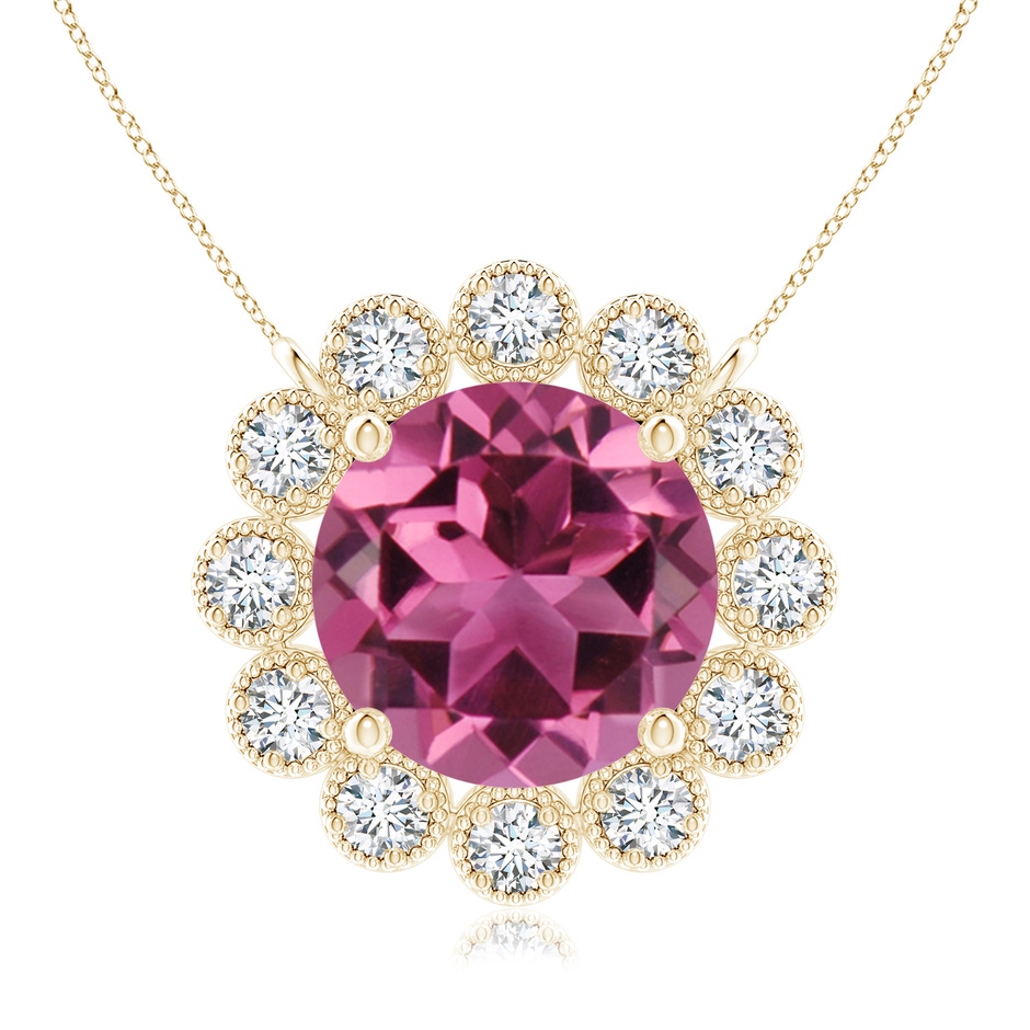 8mm AAAA Pink Tourmaline Pendant with Bezel-Set Diamond Halo in Yellow Gold 