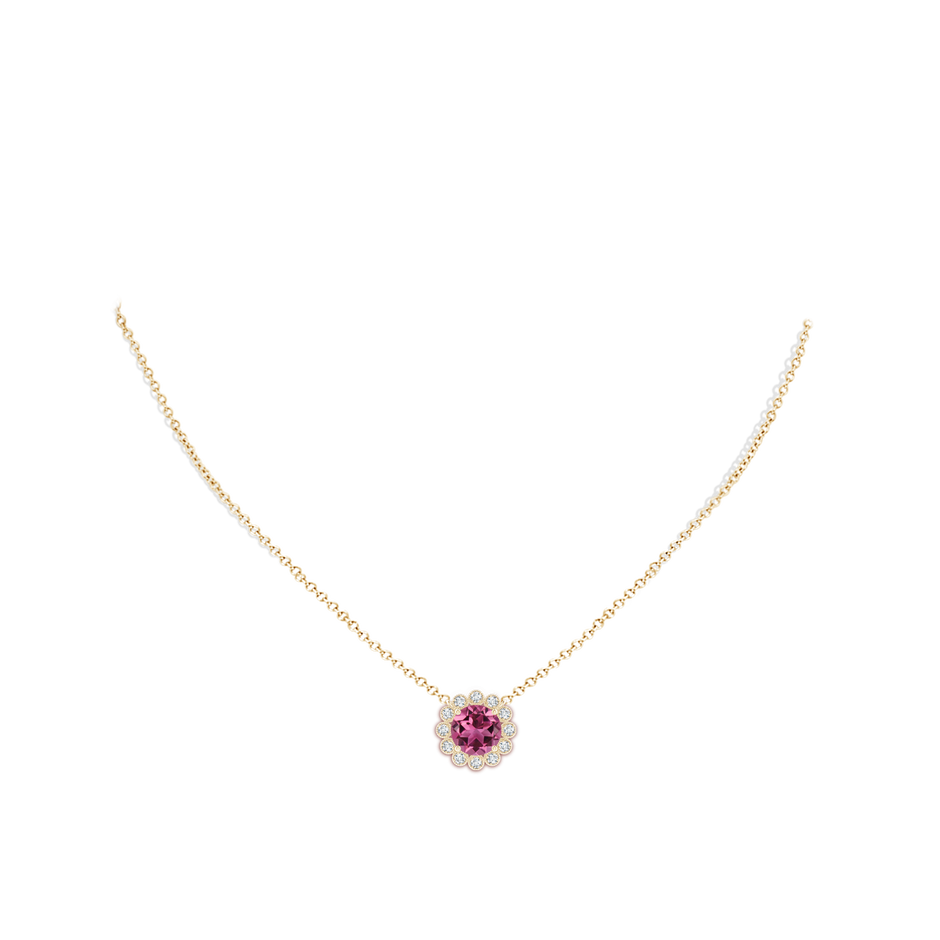 8mm AAAA Pink Tourmaline Pendant with Bezel-Set Diamond Halo in Yellow Gold body-neck