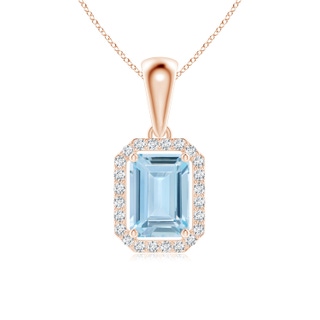6x4mm AA Floating Emerald-Cut Aquamarine Halo Pendant in Rose Gold