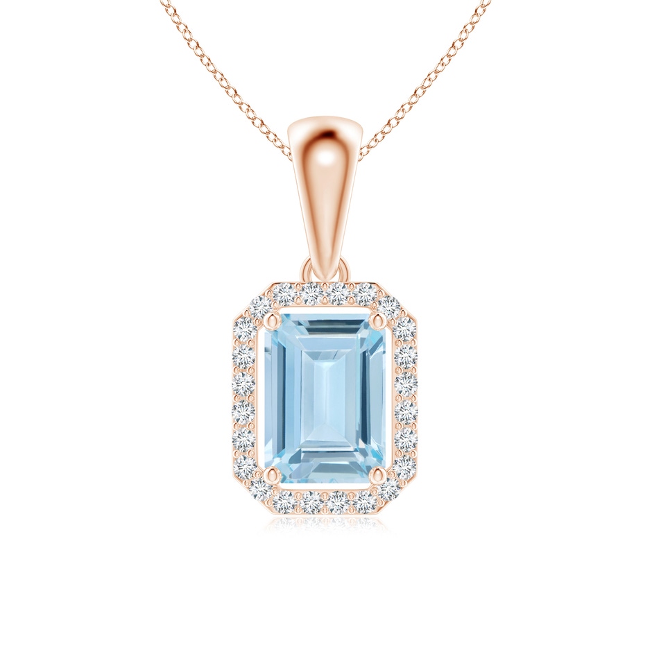 6x4mm AA Floating Emerald-Cut Aquamarine Halo Pendant in Rose Gold 