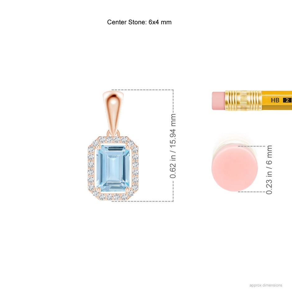 6x4mm AA Floating Emerald-Cut Aquamarine Halo Pendant in Rose Gold ruler