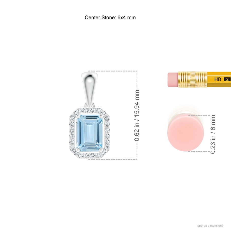 6x4mm AA Floating Emerald-Cut Aquamarine Halo Pendant in White Gold ruler