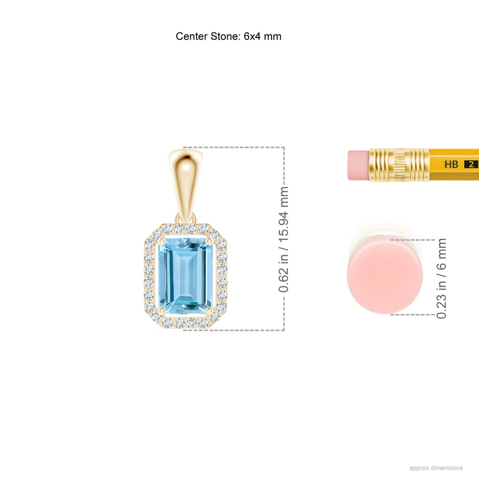 6x4mm AAAA Floating Emerald-Cut Aquamarine Halo Pendant in Yellow Gold ruler
