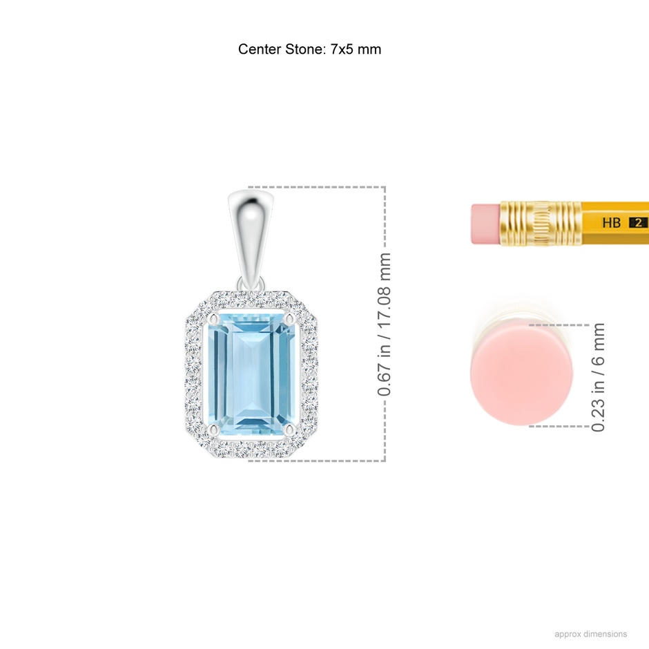 7x5mm AAA Floating Emerald-Cut Aquamarine Halo Pendant in White Gold ruler