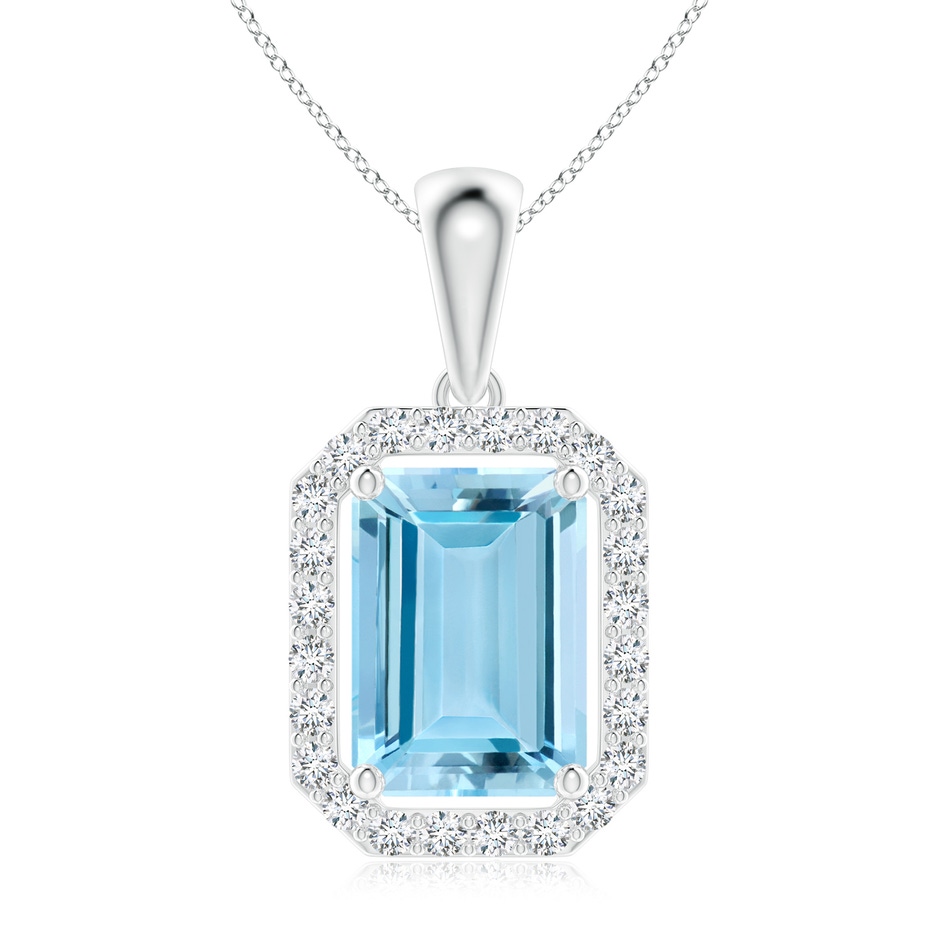 8x6mm AAAA Floating Emerald-Cut Aquamarine Halo Pendant in White Gold 