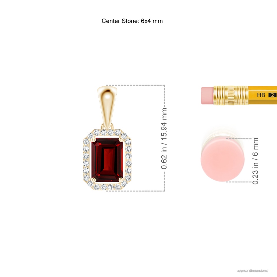 6x4mm AAAA Floating Emerald-Cut Garnet Halo Pendant in Yellow Gold ruler