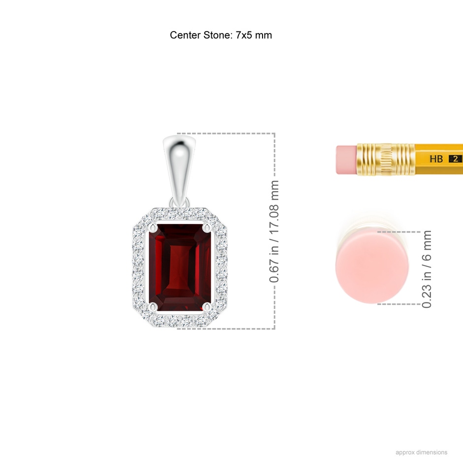 7x5mm AAA Floating Emerald-Cut Garnet Halo Pendant in White Gold ruler