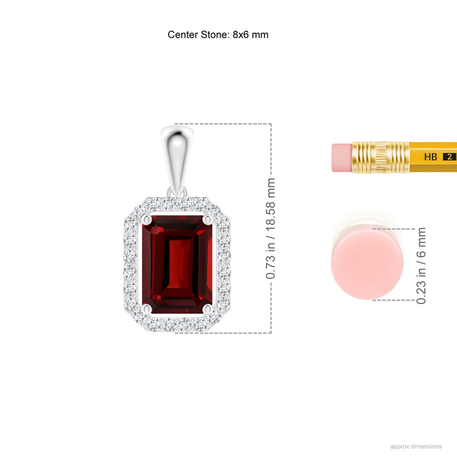 8x6mm AAAA Floating Emerald-Cut Garnet Halo Pendant in White Gold ruler