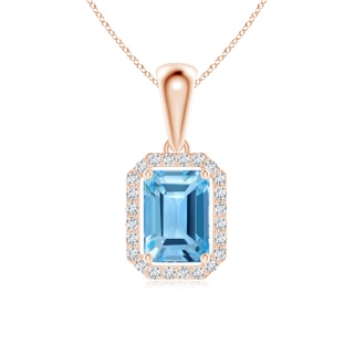 6x4mm AA Floating Emerald-Cut Swiss Blue Topaz Halo Pendant in Rose Gold