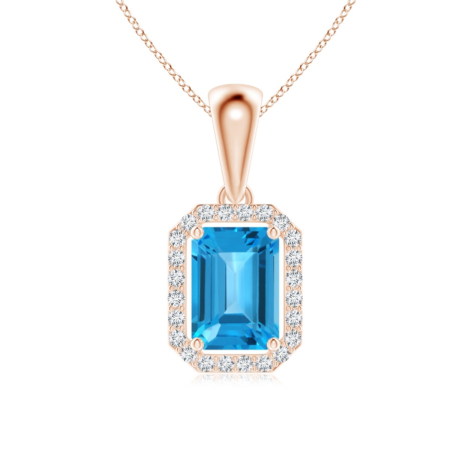 6x4mm AAA Floating Emerald-Cut Swiss Blue Topaz Halo Pendant in Rose Gold 