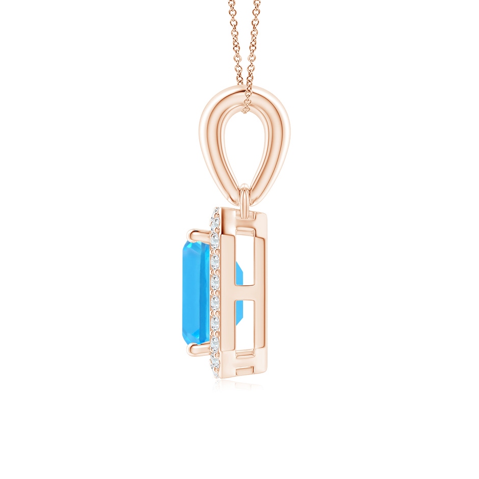 6x4mm AAA Floating Emerald-Cut Swiss Blue Topaz Halo Pendant in Rose Gold side 1
