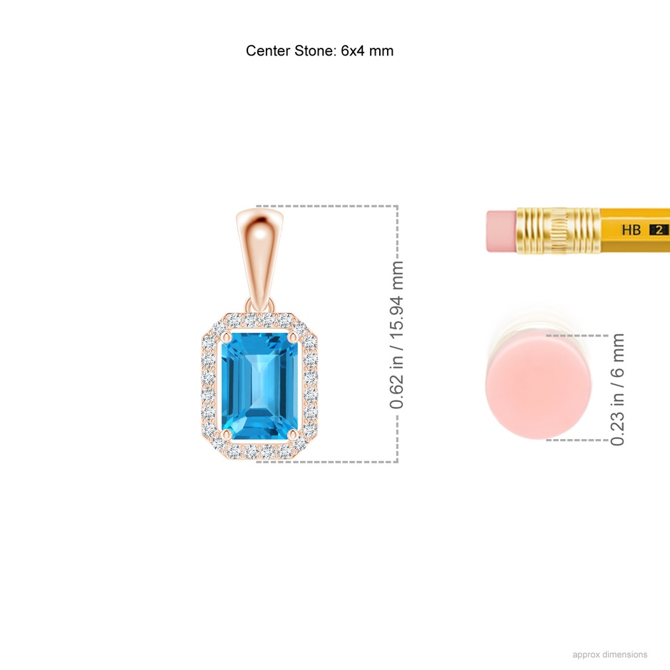 6x4mm AAA Floating Emerald-Cut Swiss Blue Topaz Halo Pendant in Rose Gold ruler