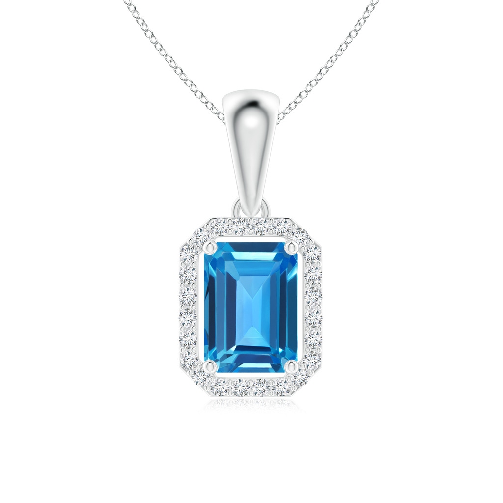 6x4mm AAAA Floating Emerald-Cut Swiss Blue Topaz Halo Pendant in P950 Platinum