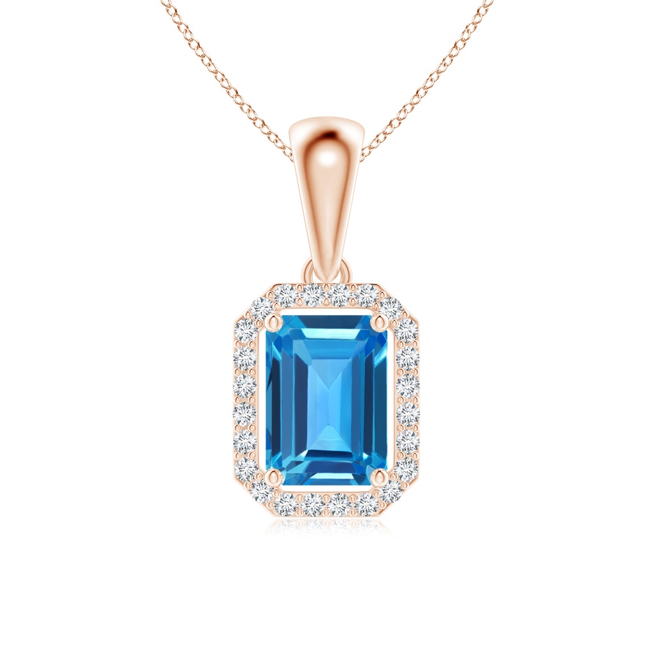 6x4mm AAAA Floating Emerald-Cut Swiss Blue Topaz Halo Pendant in Rose Gold 