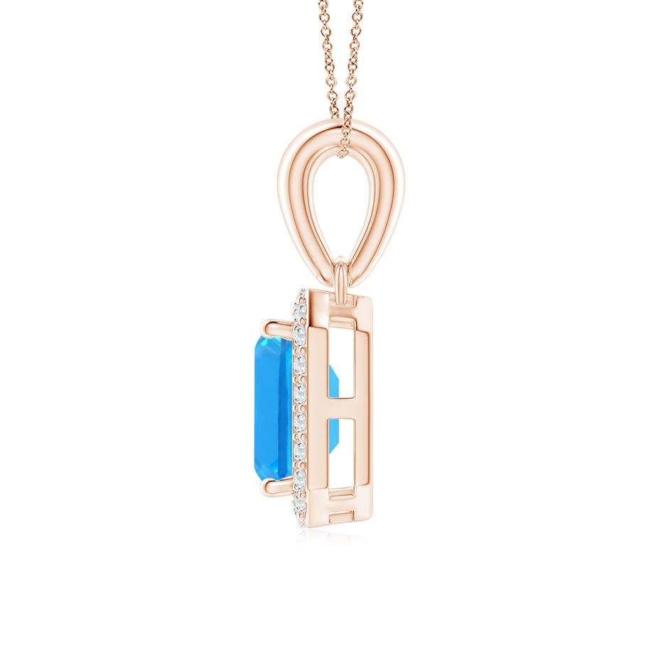 6x4mm AAAA Floating Emerald-Cut Swiss Blue Topaz Halo Pendant in Rose Gold side 1