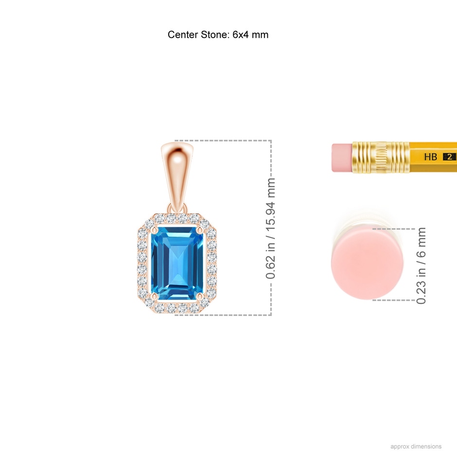 6x4mm AAAA Floating Emerald-Cut Swiss Blue Topaz Halo Pendant in Rose Gold ruler