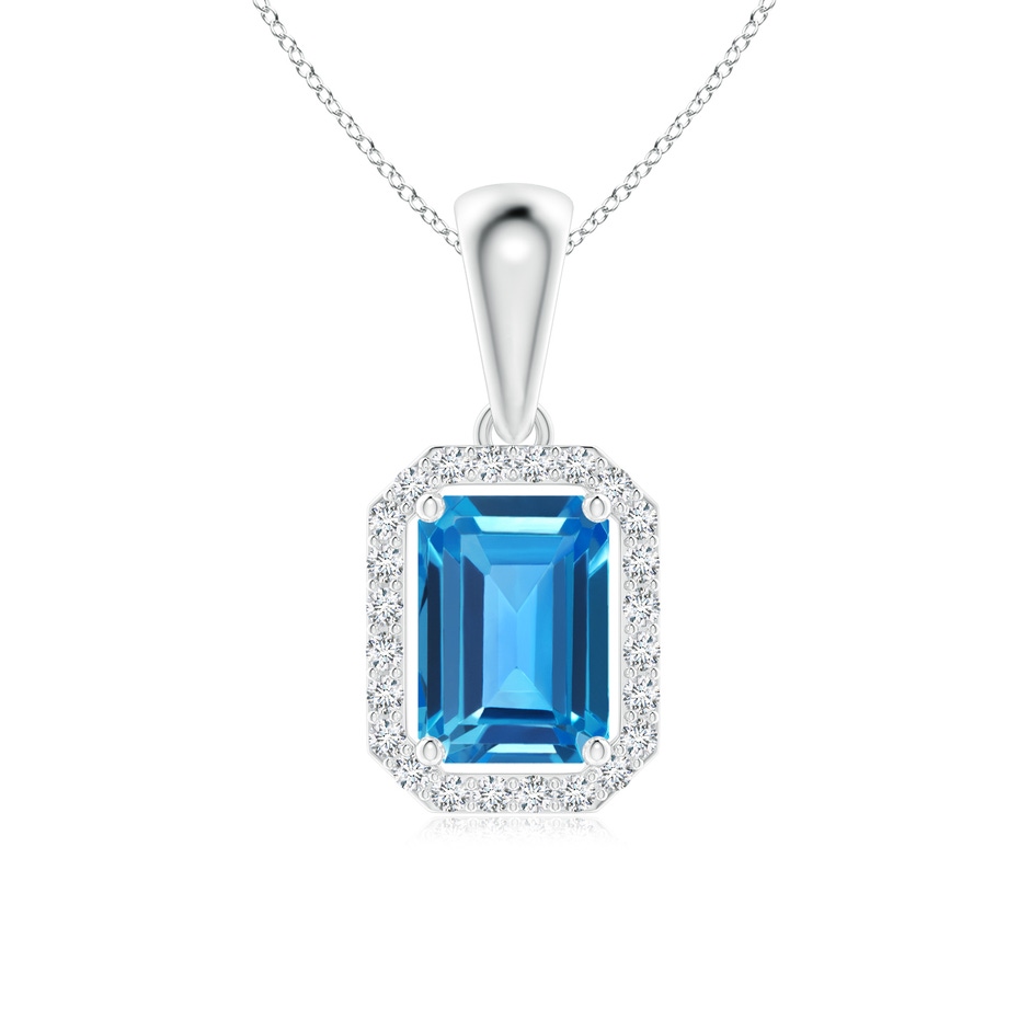 6x4mm AAAA Floating Emerald-Cut Swiss Blue Topaz Halo Pendant in White Gold 