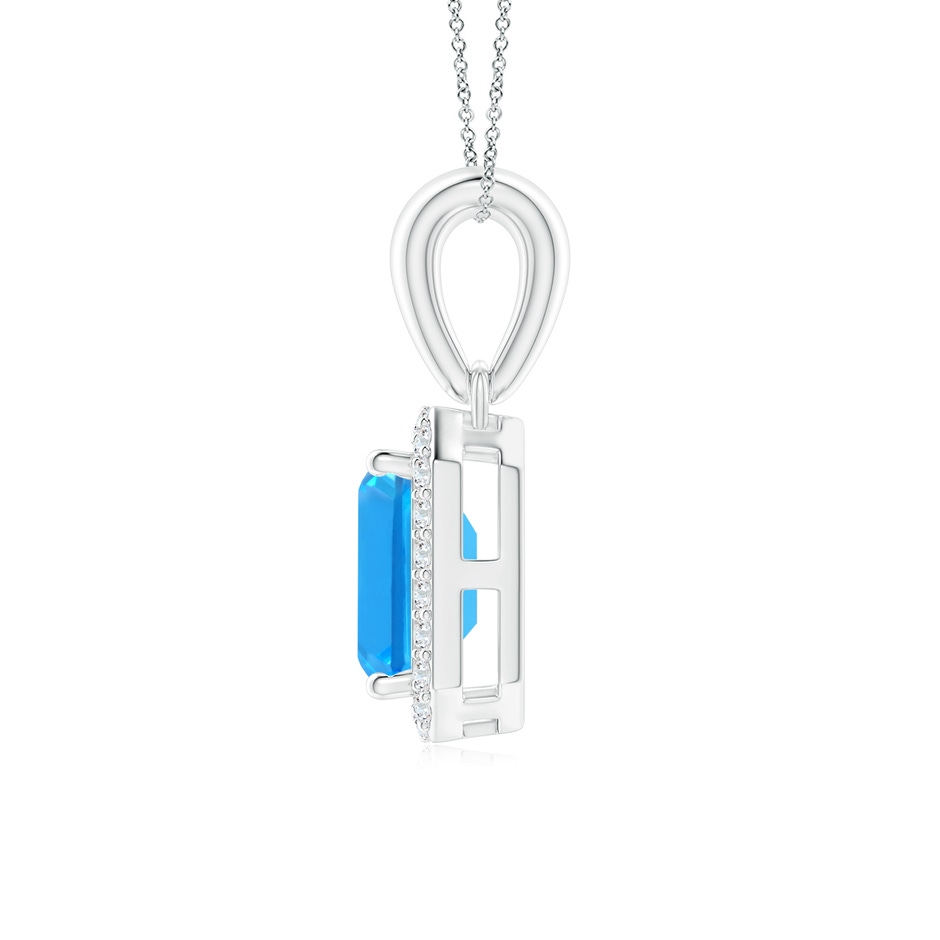6x4mm AAAA Floating Emerald-Cut Swiss Blue Topaz Halo Pendant in White Gold side 1
